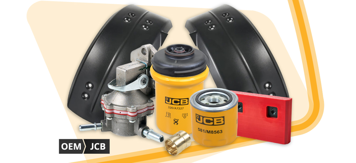 Er is een assortiment originele JCB-onderdelen voor verreikers te zien, waaronder filters, onderdelen voor laadarmaten en stuurcomponenten, waarmee de volledige reeks originele JCB-onderdelen voor verreikers wordt weergegeven die bij Sparex verkrijgbaar is.